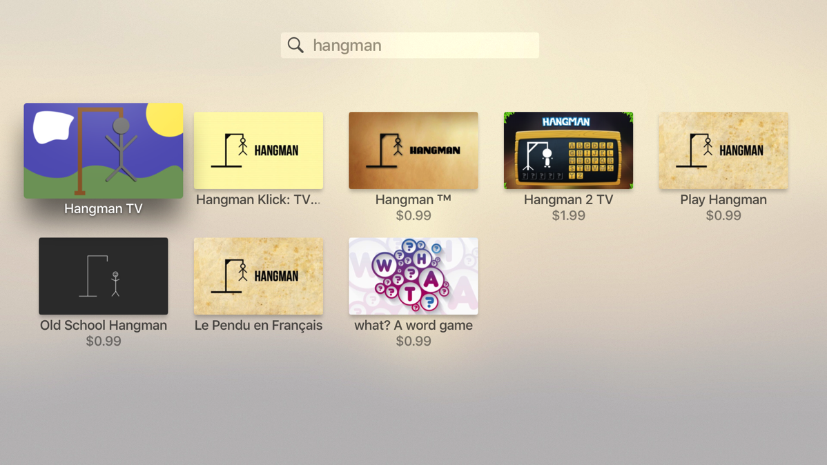 Apple TV search results for "hangman."